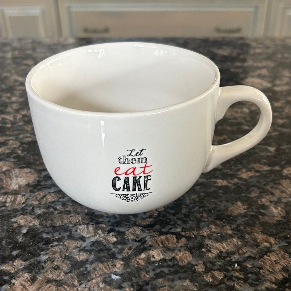 WHITE CERAMIC X-LARGE 28OZ COFFEE/TEA MUG ""LET THEM EAT CAKE"